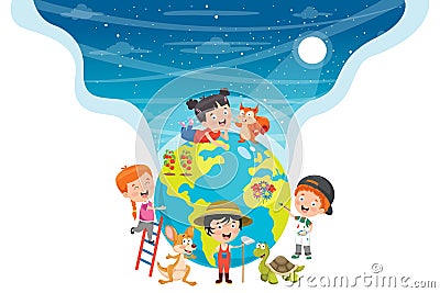 Little Students Studying Geography Vector Illustration