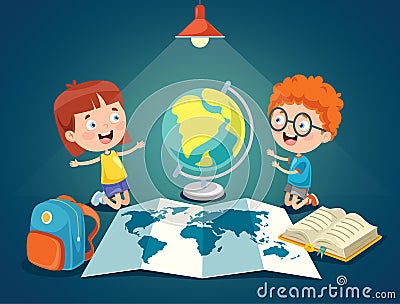 Little Students Studying Geography Vector Illustration