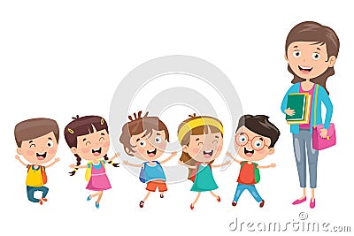 Little Students With Their Teacher Vector Illustration