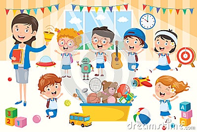 Little Students With Their Teacher Vector Illustration