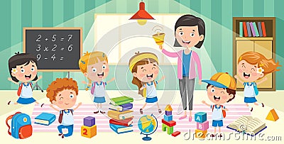 Little Students With Their Teacher Vector Illustration