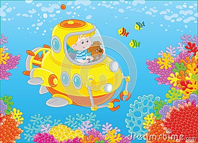 Little submariner on a reef Vector Illustration