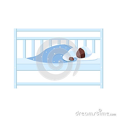 A little sweet African baby sleeps in his crib under a blanket. Icon. Flat style illustration on a white background Vector Illustration