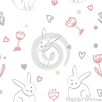 Little sweet bunny with spring flowers seamless pattern on white background. Cute kids or holiday background. Cartoon Vector Illustration