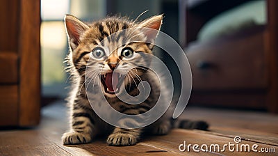 Little tabby kitten lying on floor and meowing indoors.Cute pet. Banner. Stock Photo