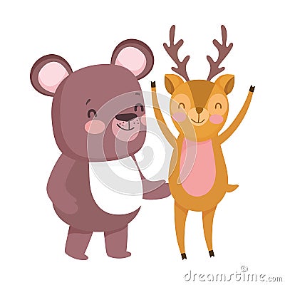 Little teddy bear and deer cartoon character on white background Vector Illustration