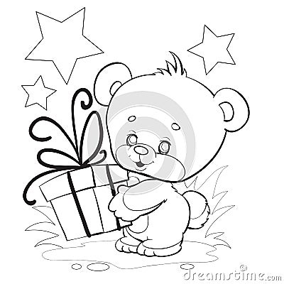 Little teddy bear holds in its paws a big box with a ribbon to give it to someone, anything, outline drawing, Vector Illustration