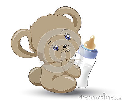 Little teddy bear with milk small bottle Stock Photo
