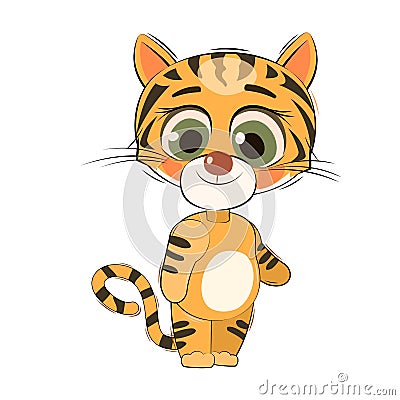 Little tiger cub. Isolated object on white background. Cheerful kind animal child. Cartoons flat style. Funny. Vector Vector Illustration