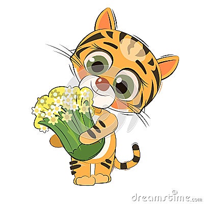 Little tiger cub. Isolated object on white background. Cheerful kind animal child. Cartoons flat style. Funny. Vector Vector Illustration