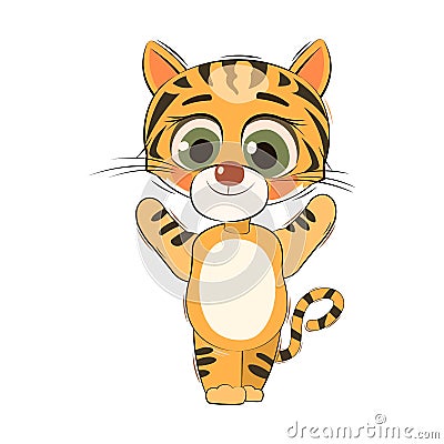 Little tiger cub. Isolated object on white background. Cheerful kind animal child. Cartoons flat style. Funny. Vector Vector Illustration