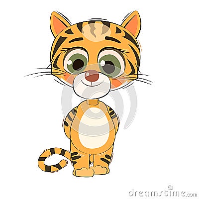 Little tiger cub. Isolated object on white background. Cheerful kind animal child. Cartoons flat style. Funny. Vector Vector Illustration