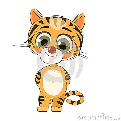 Little tiger cub. Isolated object on white background. Cheerful kind animal child. Cartoons flat style. Funny. Vector Vector Illustration