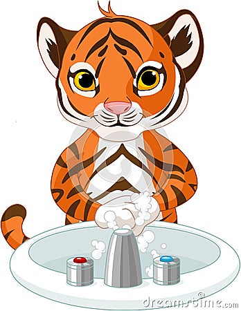 Little Tiger Washing Hands Vector Illustration