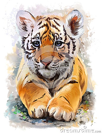 Little tiger watercolor painting Stock Photo