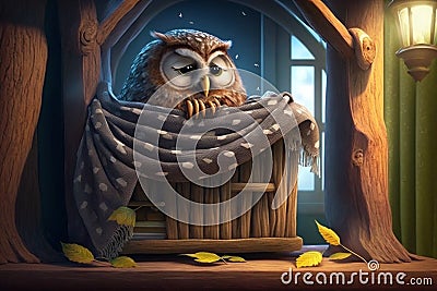 Little tired owl lies bed in tree house and sleeps Stock Photo