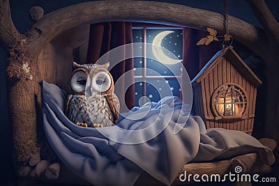 Little tired owl lies bed in tree house and sleeps Stock Photo