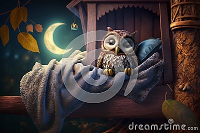 Little tired owl lies bed in tree house and sleeps Stock Photo