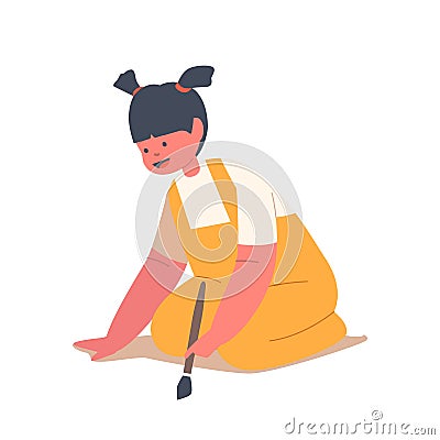 Little Toddler Girl Drawing Sitting on Knees. Kid Painting, Child Character Holding Paint Brush Create Pictures on Paper Vector Illustration