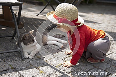 Little toddler talking to a cat Stock Photo