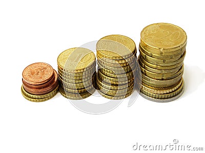 Little towers of sorted euro money copper coins used with an isolated white background Stock Photo