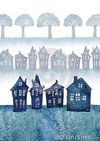 Little town with crooked houses and broccoli trees. Watercolor illustration. Cartoon Illustration