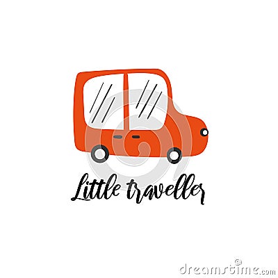 Little traveller nursery, baby shower card, postcard, poster with red car. Cute illustration for new born child, print Vector Illustration