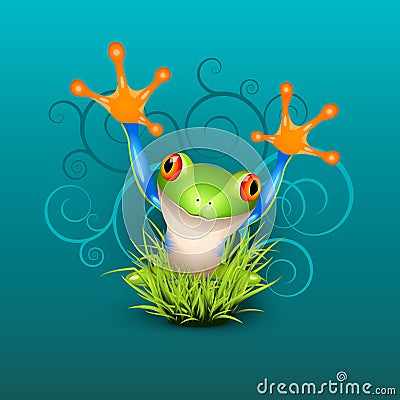 Little tree frog says hello over emerald Vector Illustration