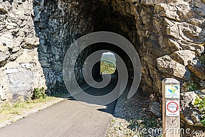 Little Tunnel Kettle Valley Railway biking trail summer near Penticton British Columbia Canada. Editorial Stock Photo