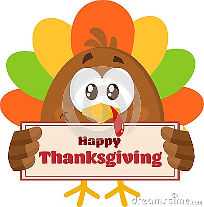 Little Turkey Bird Cartoon Mascot Character Holding A Sign Vector Illustration