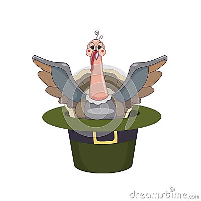 Little Turkey is sitting in a green hat in Cartoon style, vector stock illustration on white isolated background, concept of Vector Illustration