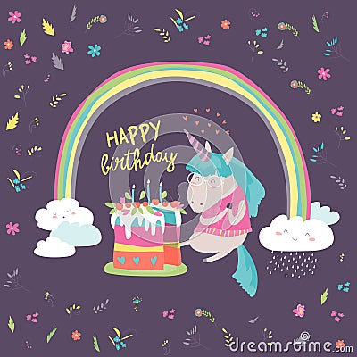 Little unicorn celebrates birthday with a delicious cake Vector Illustration