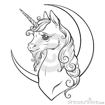 Little unicorn and crescent moon isolated vector illustration. Coloring book pages for adults and kids Vector Illustration