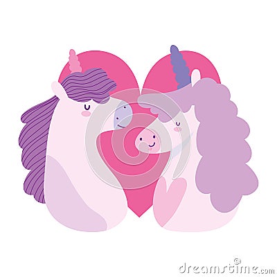 Little unicorns love heart fantasy magic animal cartoon Vector Illustration