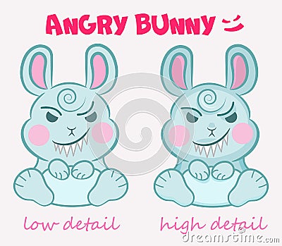 Little vector cute evil bunny is sitting with a terrible smile in two detail mode. Concepts for children`s party, event, Hallowee Vector Illustration