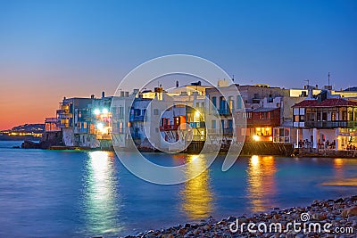 The Little Venice in Mykonos island at twilight Editorial Stock Photo