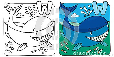 Little whale coloring book. Alphabet W Vector Illustration