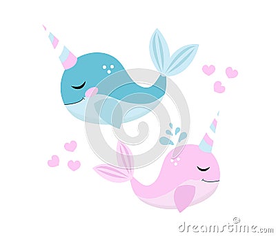 Little whale unicorn set, modern cartoon style. Vector illustration Vector Illustration