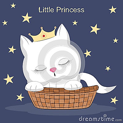 Little white cat in cradle. Greeting card. Vector Illustration