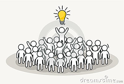 Little white people with creative leader. Creative idea, inspiration concept. Vector Illustration