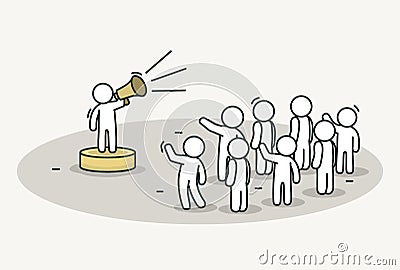 Little white people with speech leader. Teamwork and leader concept. Vector Illustration