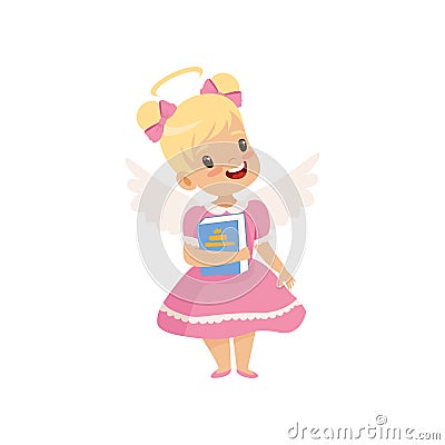 Little Winged Girl With Halo on Her Head Standing with Book, Cute Child with Good Manners Vector Illustration Vector Illustration