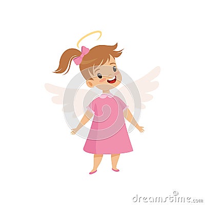 Little Winged Girl With Halo on Her Head Wearing Pink Dress, Cute Child with Good Manners Vector Illustration Vector Illustration
