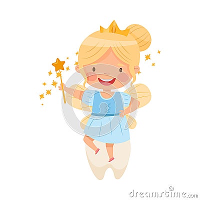 Little Winged Tooth Fairy and First Baby Tooth Vector Illustration Vector Illustration