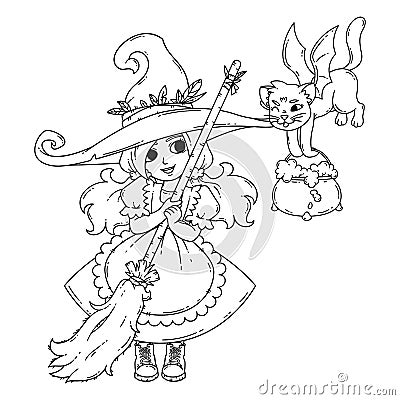 A little witch with a broom, a cat and a pot. Vector Illustration