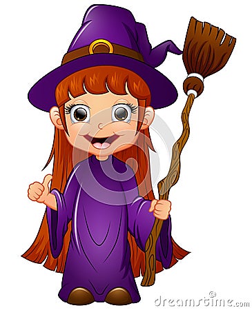 Little witch cartoon holding broom Vector Illustration