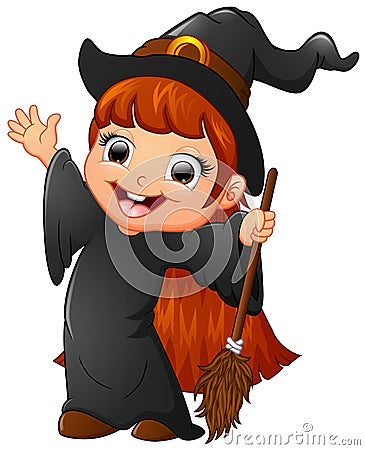 Little witch cartoon holding broom Vector Illustration