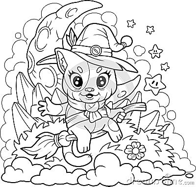 Little witch cat, coloring book for children, outline illustration Vector Illustration