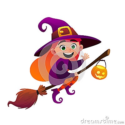 A little witch flies on broom on white background Vector Illustration