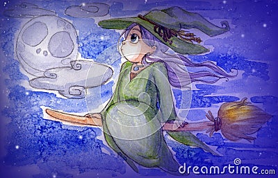 Little witch flying Stock Photo